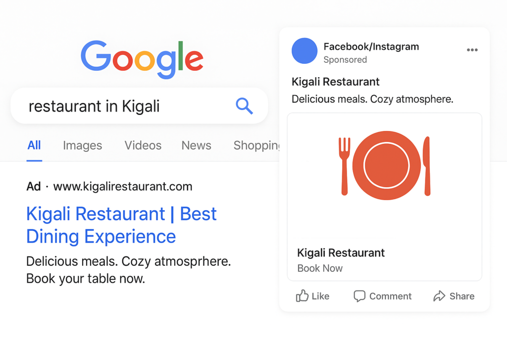 A mock up of search results showing an ad on top, plus a Facebook/Instagram ad example side-by-side